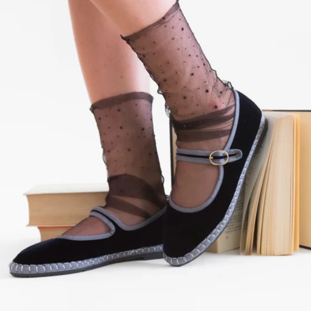 New Flabelus Black Dark Grey Velvet Mary Jane Flats